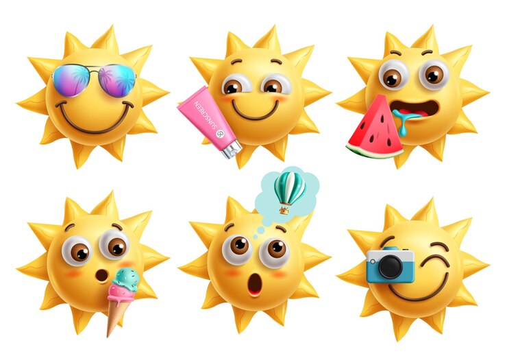 Vector el juego de emoji clipart de los personajes del sol, los emoji de verano, la colección de arte facial de clips en la sonrisa feliz y hambrienta.