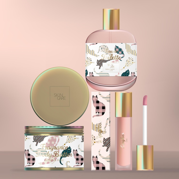 Vector juego de empaque para el cuidado de la piel o belleza con botella de vidrio de perfume, bote de lata para crema corporal y tubo de brillo de labios.