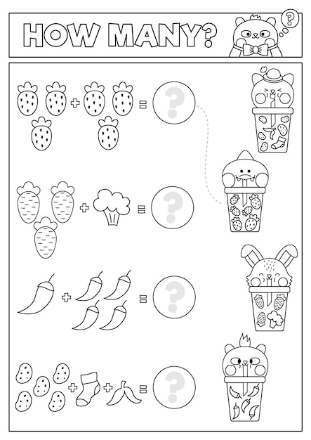 Juego de emparejamiento en blanco y negro con dulces bebidas de frutas y verduras kawaii Actividad matemática para niños en edad preescolar Hoja de trabajo de conteo para imprimir o página para colorear con animales de dibujos animados bebiendo teaxA de burbujas