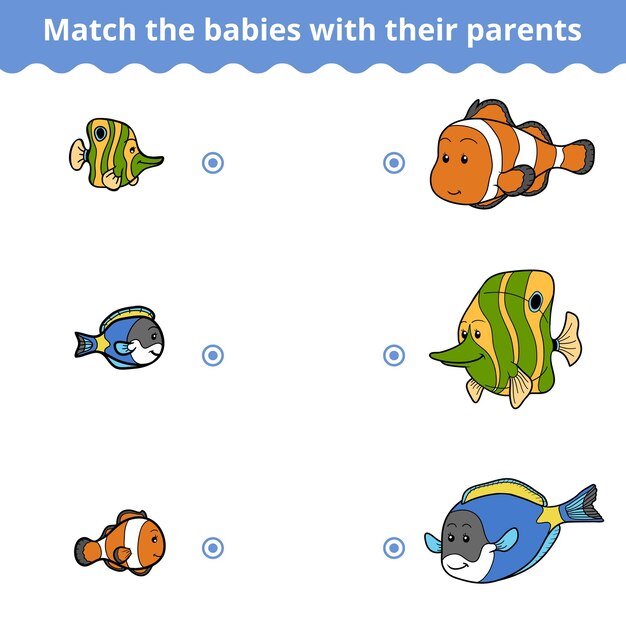 Vector juego de emparejamiento para niños familia de peces