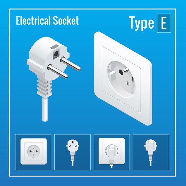 Juego de enchufes e interruptores isométricos. Tipo E. Tomas de corriente CA ilustración vectorial realista