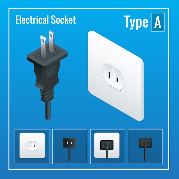 Juego de enchufes e interruptores isométricos. Tipo A. Tomas de corriente CA ilustración realista. Toma de corriente y enchufe aislados. Enchufe.