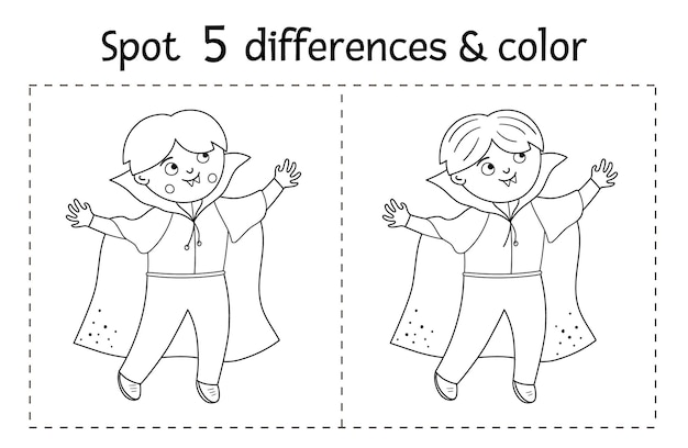 Juego de encontrar diferencias en blanco y negro de halloween para niños. actividad educativa de otoño con vampiro divertido. hoja de trabajo imprimible o página para colorear con carácter sonriente.