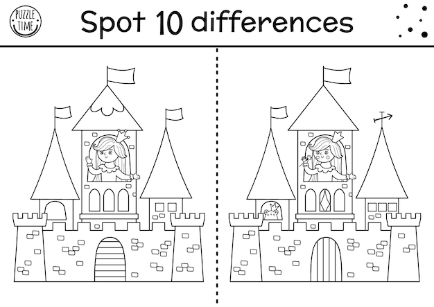 Juego de encontrar diferencias en blanco y negro para niños Actividad educativa de cuento de hadas con una linda princesa en una torre de castillo Rompecabezas del reino mágico para niños Hoja de trabajo imprimible o página para colorear de cuento de hadasxA