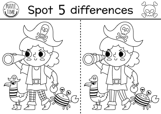 Juego de encontrar diferencias en blanco y negro para niños Actividad educativa de la línea de aventuras marinas con una linda chica pirata con gaviota y cangrejo Hoja de trabajo imprimible para colorear de la isla del tesoro para niñosxA