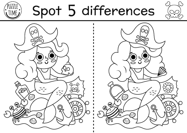 Juego de encontrar diferencias en blanco y negro para niños Actividad educativa de la línea de aventuras marinas con una linda sirena pirata con sombrero y scull Hoja de trabajo imprimible para colorear de la isla del tesoro para niñosxA