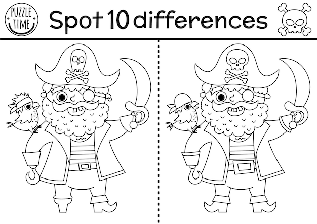 Juego de encontrar diferencias en blanco y negro para niños actividad educativa de la línea de aventuras marinas con un lindo pirata con loro y sable hoja de trabajo imprimible para colorear de la isla del tesoro para niñosxa