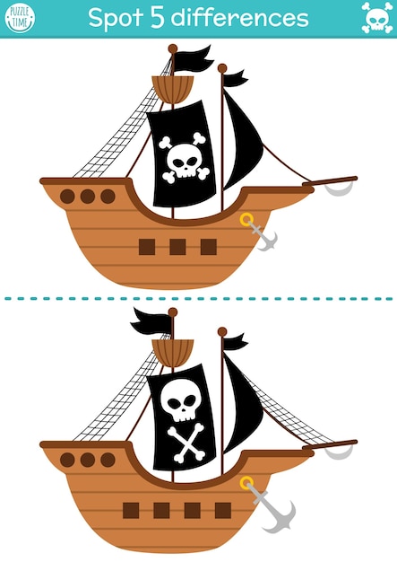 Juego de encontrar diferencias para niños actividad educativa de aventuras en el mar con lindo barco pirata rompecabezas de la isla del tesoro para niños con divertido barco bucanero con velas negras hoja de trabajo imprimiblexa