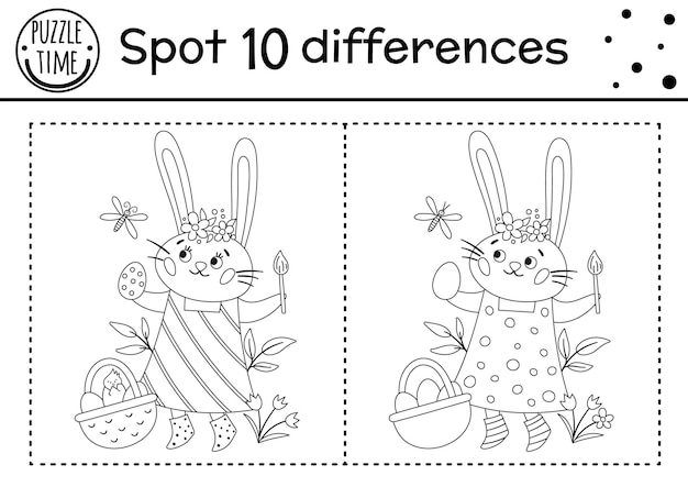 Juego de encontrar diferencias de Pascua para niños Actividad educativa en blanco y negro de vacaciones y página para colorear con conejito divertido para colorear huevo Hoja de trabajo imprimible de temporada de primavera con un personaje lindo xA