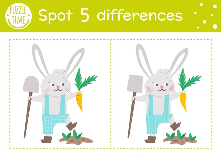 Vector juego de encontrar diferencias de pascua para niños. actividad educativa de vacaciones con conejito divertido plantando una zanahoria. hoja de trabajo imprimible con lindo personaje. rompecabezas de primavera para niños.
