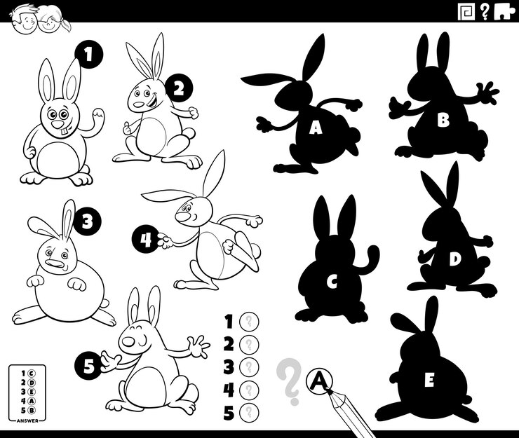 Vector juego de encontrar sombras con conejos de dibujos animados página de colorear