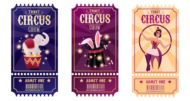 Vector juego de entradas de circo. show de magia. ilustración vectorial