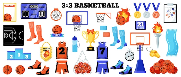 Juego de equipos deportivos de baloncesto 3x3, marcador de bolas, uniforme de red, zapatillas, medallas, copa, etc. Juegos de verano