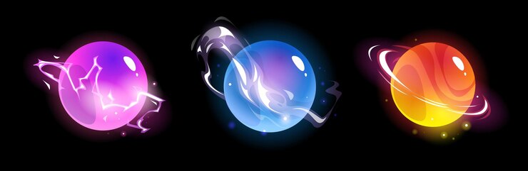 El juego es una esfera colorida de energía con relámpagos, un conjunto de ilustraciones vectoriales de azul rosa brillante y naranja.