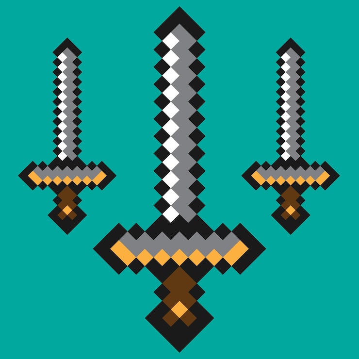 Vector juego de espada icono pixelado diseño de ilustración vectorial objeto de armas de acero frío defensa antigua hoja afilada de acero de caballero con mango dorado elemento gráfico de píxel minimalista aislado en blanco