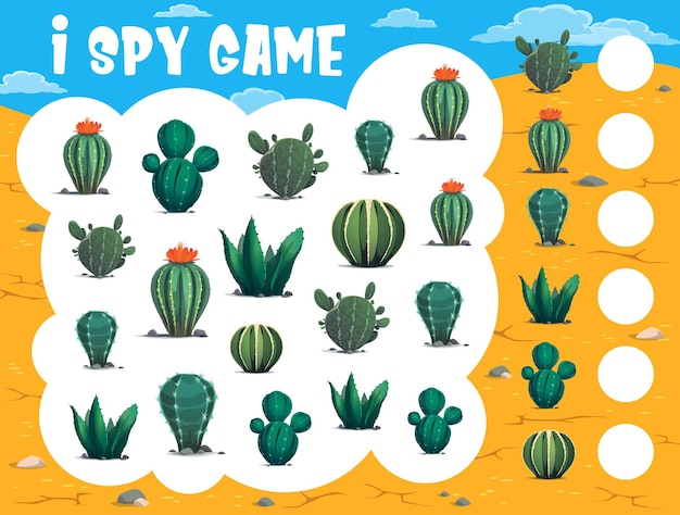 Juego de espionaje para niños con cactus de dibujos animados en el desierto