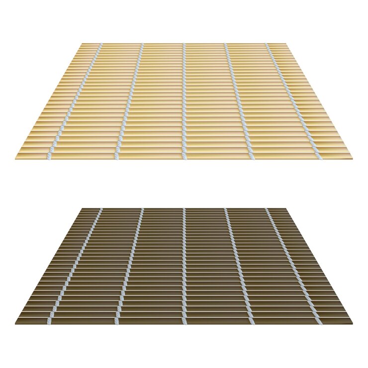 Juego de esteras de bambú. Vista superior de utensilios de cocina japoneses tradicionales marrones y claros. Palitos de bambú con hilo de algodón. Ilustración de vector de una estera para hacer sushi y rollos aislados en blanco