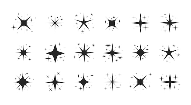 Juego de estrellas brillantes. Partículas de estrellas centelleantes, destellos de brillo y destellos mágicos.