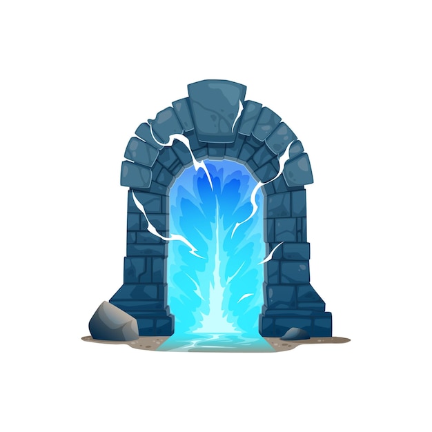 Vector juego de fantasía, dibujos animados, portal mágico, puerta antigua.