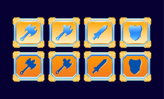 Juego de fantasía ui set plantillas de botones de armas de combate con marco de diamante dorado brillante para elementos de activos de GUI