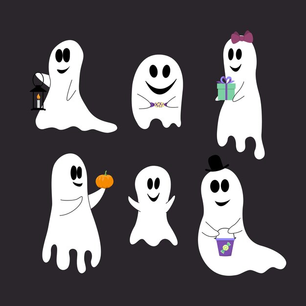 Juego de fantasmas Fantasmas divertidos para Halloween con dulces calabazas cubo presente y linterna Dibujos animados planos Ilustración de stock vectorial aislado EPS 10
