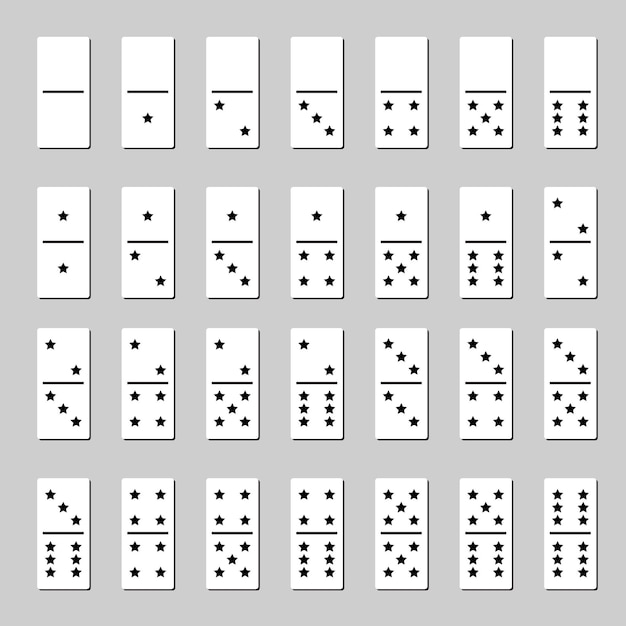 Un juego de fichas de dominó en blanco y negro con estrellas.