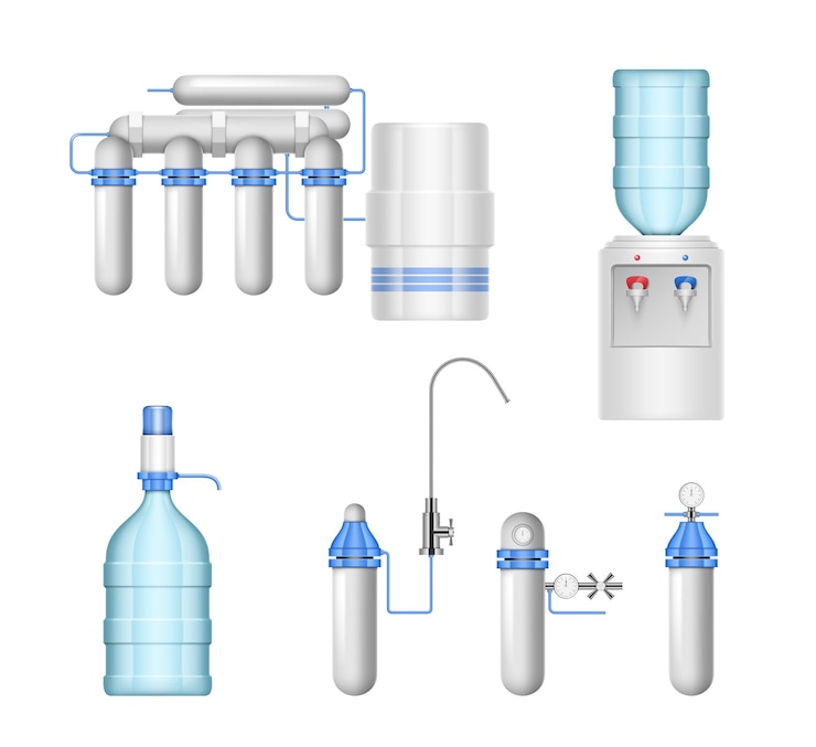 Vector juego de filtros de agua realistas limpiadores de bebidas sistemas de purificación de agua para el hogar cartuchos de repuesto
