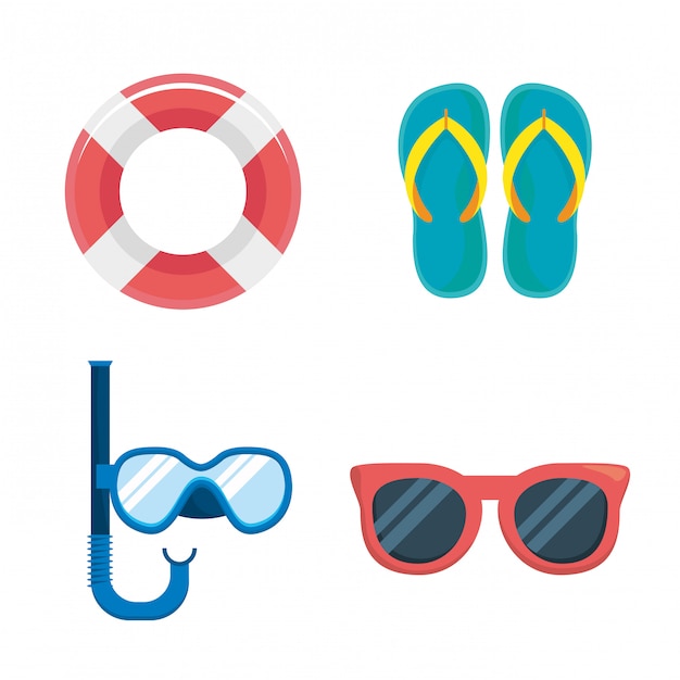 Juego de flotadores con flip-flop y máscaras de snorkel con gafas de sol.