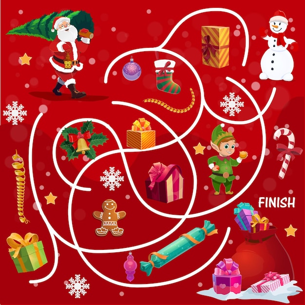 Juego de forma de búsqueda de Navidad infantil o vector de laberinto