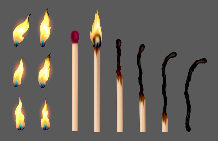 Vector juego de fósforos con secuencia de combustión. fósforos de madera en diferentes etapas ardiendo y enrojecidos, apagados y completamente quemados. ilustración de vector realista abstracto