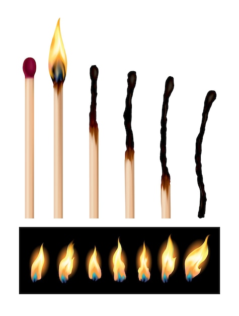 Juego de fósforos con secuencia de combustión. Fósforos de madera en diferentes etapas ardiendo y enrojecidos, apagados y completamente quemados. Ilustración de vector realista abstracto