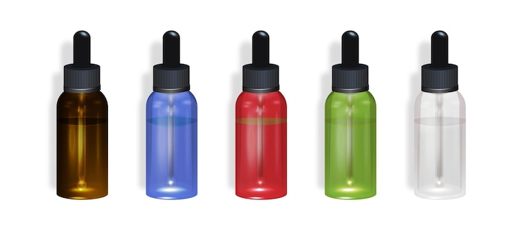 Vector juego de frascos cuentagotas colorido sobre un blanco botella de maqueta vial cosmético frasco frasco banco médico frasco cuentagotas cosmético con fondo de fruta de cacao