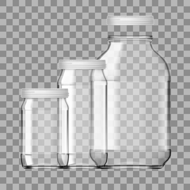 Vector juego de frascos de vidrio vacíos realistas de 3l aislado sobre fondo blanco