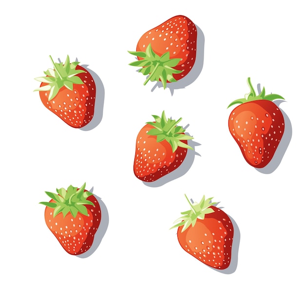 Un juego de fresas. bayas esparcidas por la superficie. fresas en diferentes ángulos. ilustración