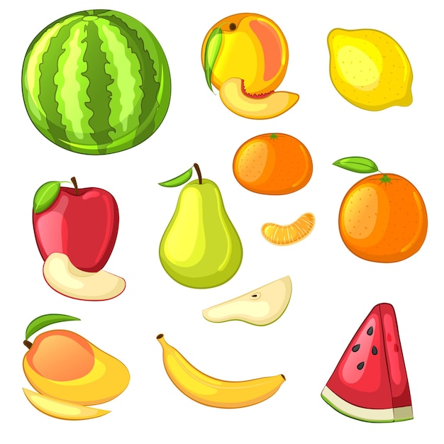 Juego de frutas de iconos de dibujos animados. Objetos aislados sobre fondo blanco.