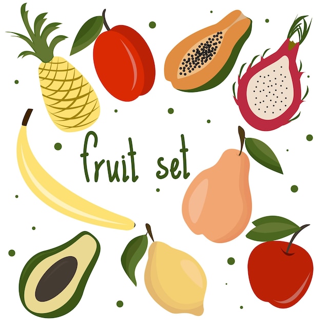 juego de frutas plátano fruta del dragón papaya Ilustración vectorial de dibujos animados Ilustración vectorial plana colorida