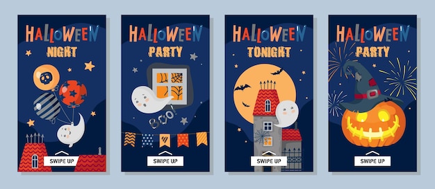 Juego de fundas de halloween para historias de instagram: calabaza, sombrero, castillo, fantasmas, fuegos artificiales, estrellas. imágenes prediseñadas de vector, aislado.