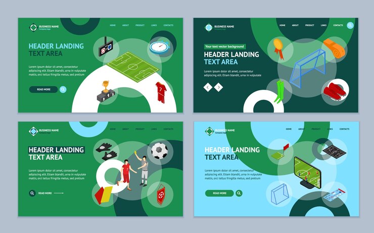 Vector juego de fútbol o fútbol página web de aterrizaje conjunto de plantillas vista isométrica incluye de bandera calzado tarjeta copa reloj de parada y ilustración vectorial de camiseta