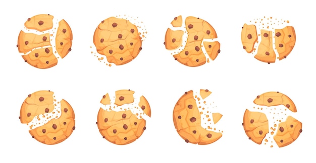 Juego de galletas de galletas con chispas de avena y chocolate redondas rotas. dulces, pastelería postre choco chips migas, crujiente mordida galleta sabrosa nutrición ilustración vectorial aislado sobre fondo blanco.