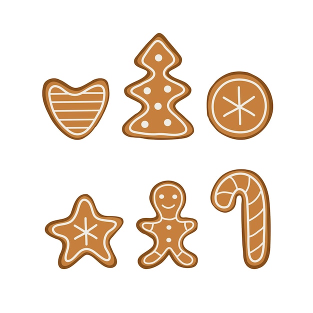 Vector juego de galletas navideñas. árbol, corazón, hombre de pan de jengibre.