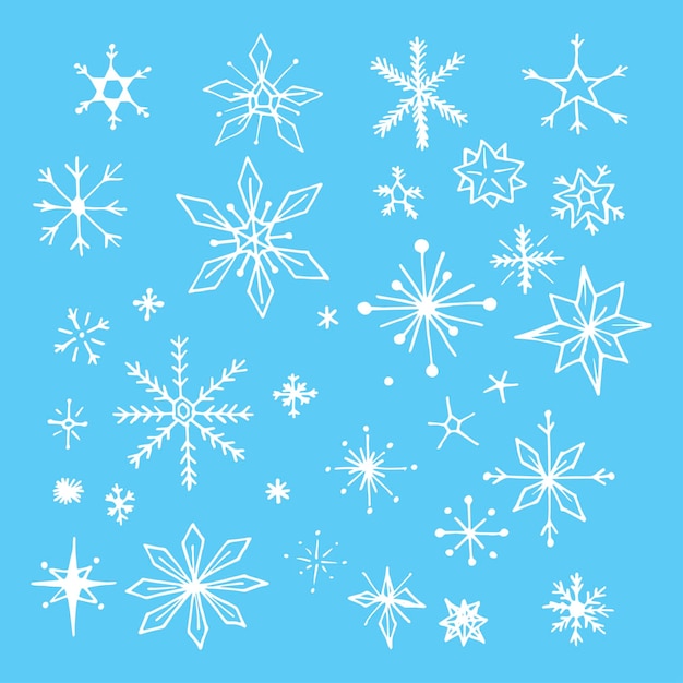 Juego de garabatos de copos de nieve dibujados a mano. ilustración vectorial