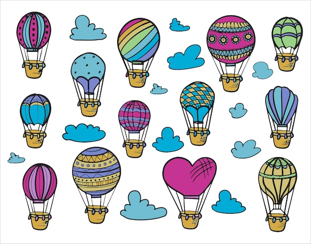 Juego de garabatos de globos aerostáticos con nubes coloridas dibujar a mano ilustración vehículos voladores románticos...