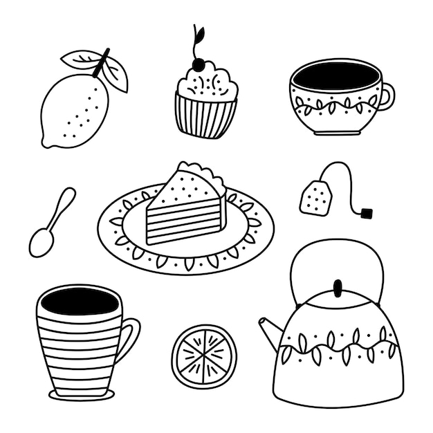 Juego de garabatos lineales de cocina Elementos de dibujos animados de la fiesta del té Tazas de tetera Cuchara de postre de limón Bolsa de té