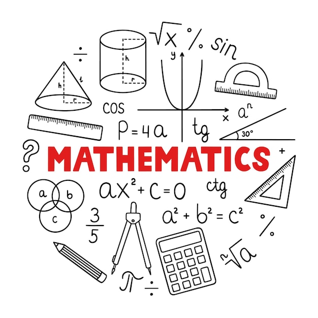 Juego de garabatos de matemáticas Concepto de educación y estudio Equipo escolar Fórmulas matemáticas en estilo boceto Ilustración de ector dibujada a mano aislada sobre fondo blanco