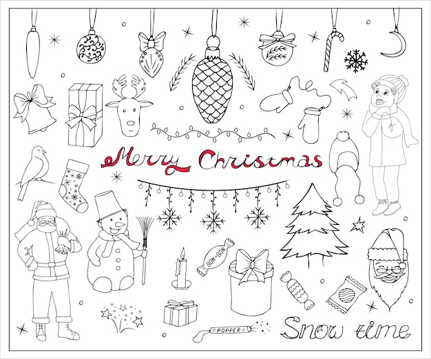 Juego de garabatos navideños. Decoración navideña vectorial dibujada a mano. Ilustración de año nuevo.