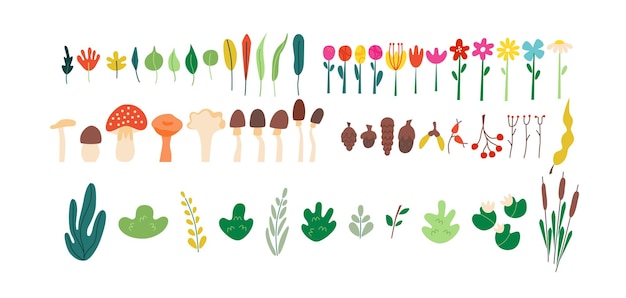 Vector juego de garabatos con plantas, flores, champiñones, arbustos para el diseño de decoración. hermosa ilustración de fondo de primavera. conjunto de vectores.