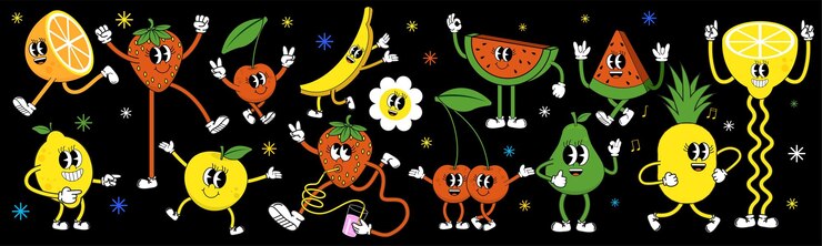 Un juego genial de pegatinas de dibujos animados hippie retro de los años 70 con el personaje cómico de la fresa de cereza.