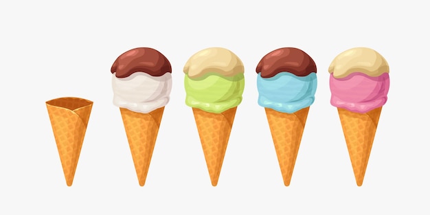 Juego de gofres de cono de varios colores de helado