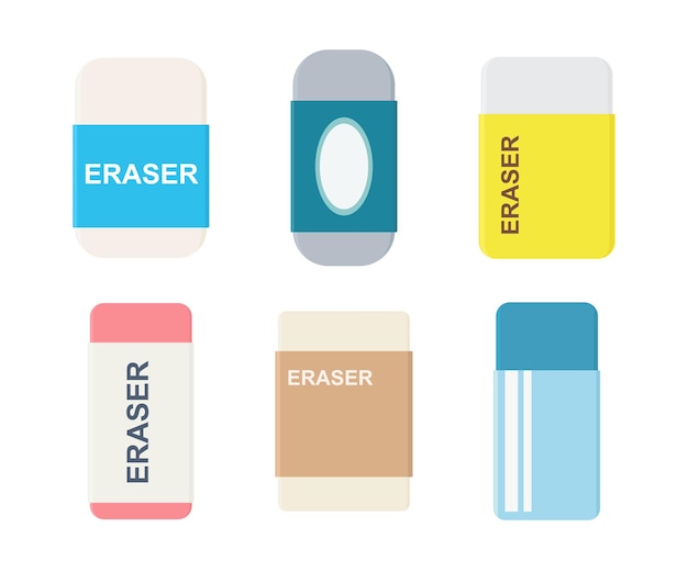 Juego de gomas de borrar con funda deslizante envolvente. Recogida de útiles escolares y de oficina. Ilustración de vector plano aislado sobre fondo blanco