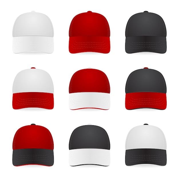 Juego de gorras de dos colores: blanco, rojo y negro. ilustración.